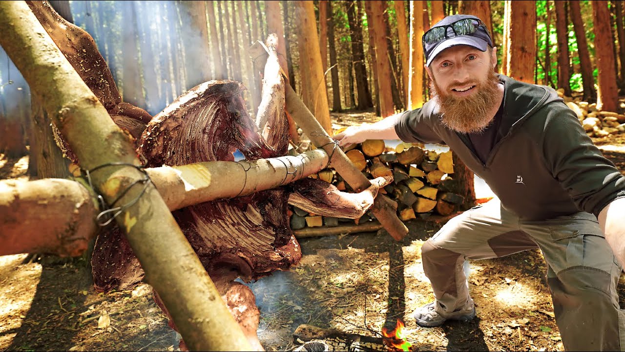 CAVEMAN Cooking Wild Deer - WHOLE! | Catch, Clean, Cook in the FOREST