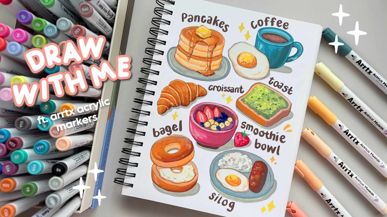 trying out arrtx 90 acrylic markers! 🎨 draw with me 🥞 breakfast food ...