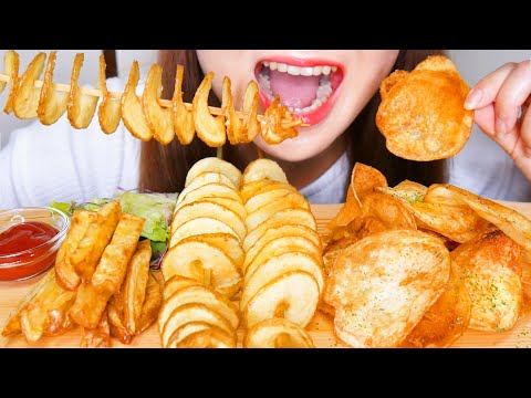 【咀嚼音/ASMR】手作りポテトチップスとフライドポテトを食べる音【字幕付】