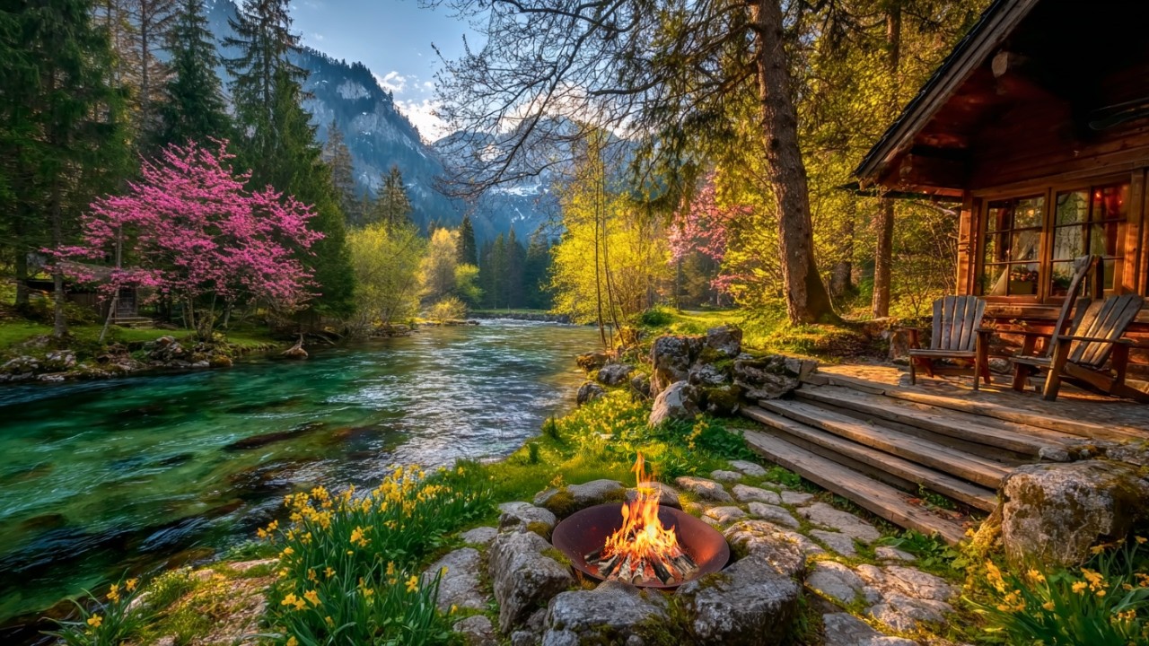 A Calm Spring by the River 🌸 Cozy Cabin, Birds & Campfire Ambience ...