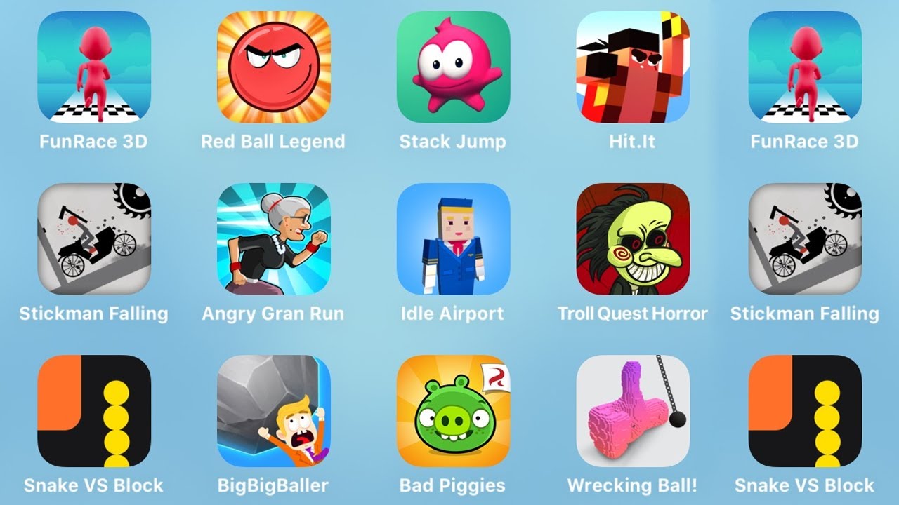 Fun Race 3D, Red Ball Legend, Stack Jump, Hit.It, Stickman Falling, Angry Gran Run, Idle Airport