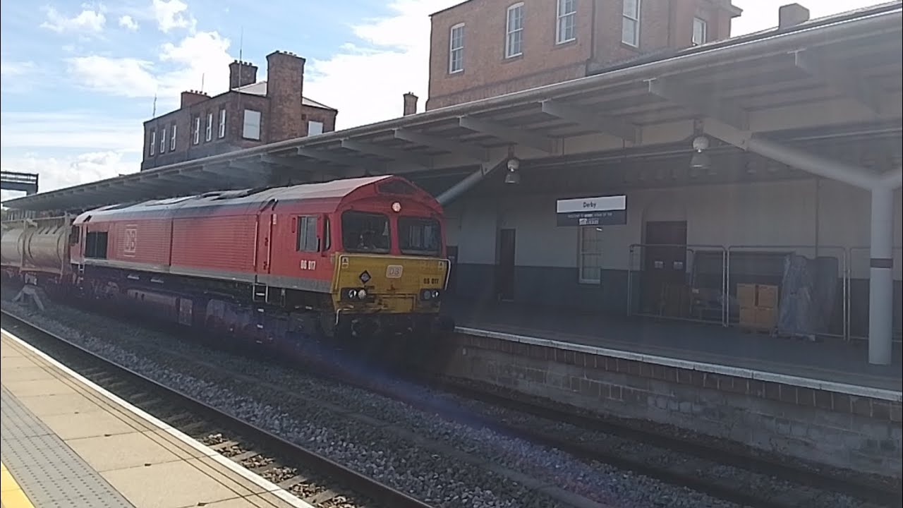 6E11 appleford to Milford west sidings 66017 passing through Derby with water train with tone