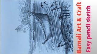 How to draw easy pencil sketch scenery/Landscape river side scenery drawing/Pencil drawing