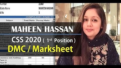 Maheen Hassan CSS 2020 Topper DMC - Marksheet