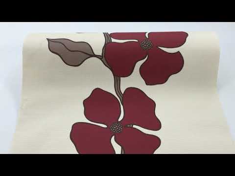 Фактурні німецькі флізелінові шпалери 140944, з великими та яскравими бордовими квітами на пастельному кремовому тлі, видео 3