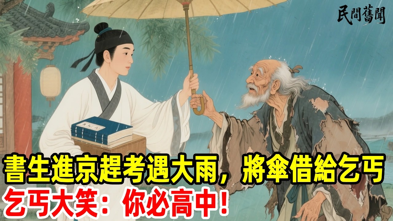 書生進京趕考遇大雨，將傘借給乞丐，乞丐大笑：你必高中！#民間舊聞#民間故事 #懸疑 #原創 #故事分享