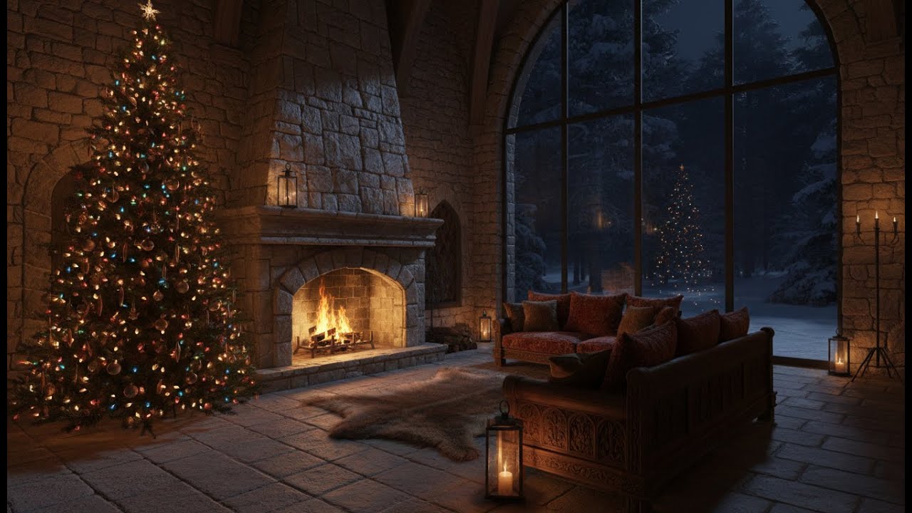 🎄🏰 Castle Fireplace Christmas Ambience | Snowfall Outside | Deep Sleep & Relaxation 🔥❄️