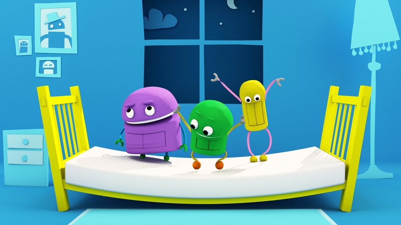 Five little storybots jumping on the bed