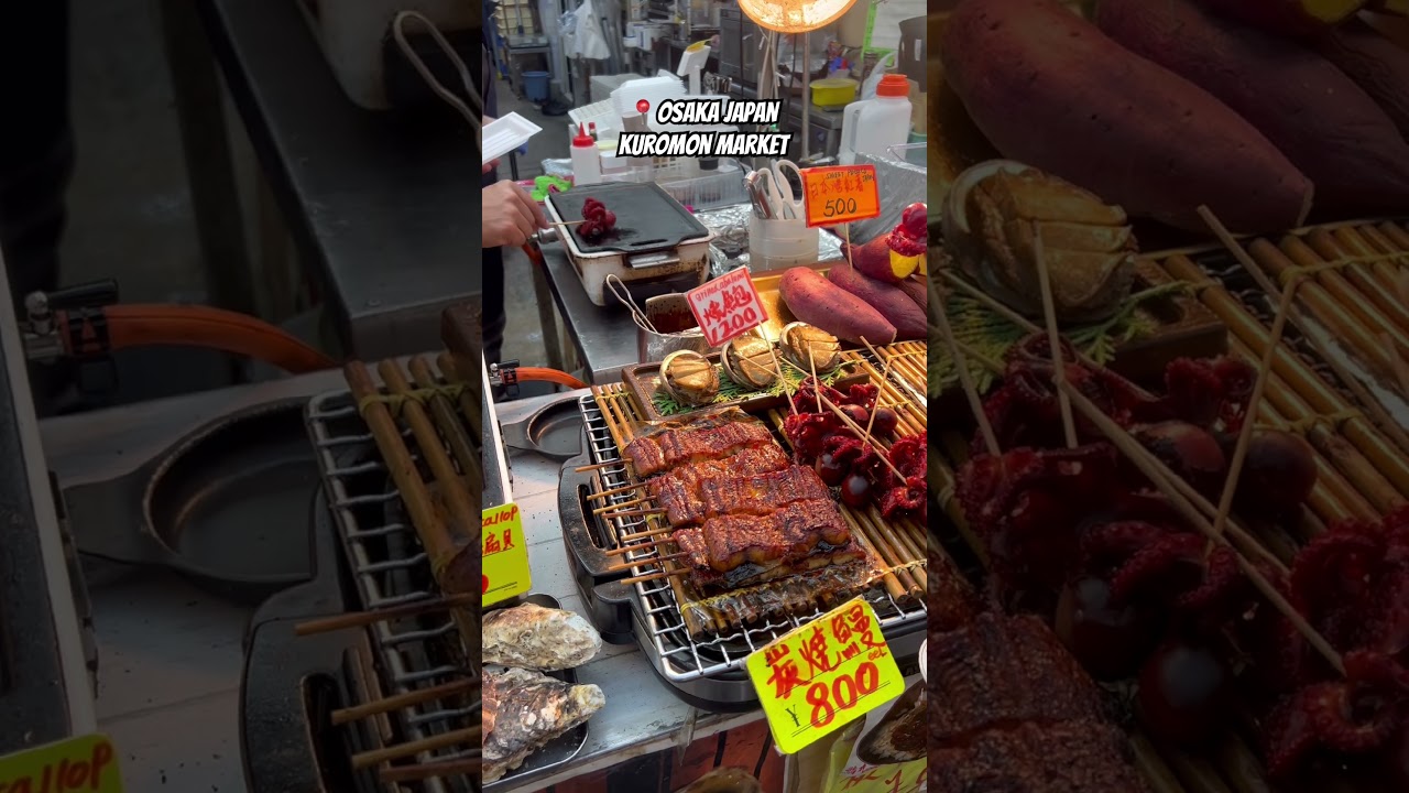 Trying exotic foods in Osaka Japan Kuromon Outdoor Market 