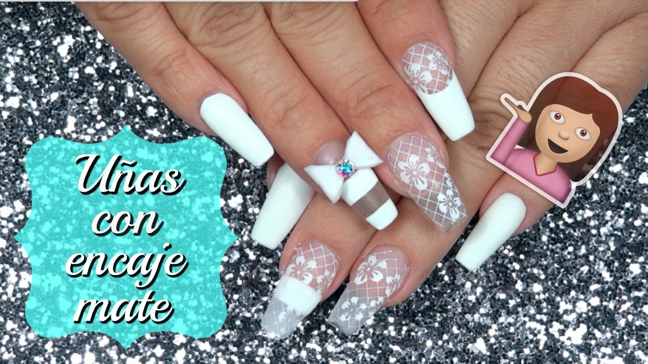 Uñas acrílicas blancas mate con encaje/ uñas estampadas/esmalte en gel -  thptnganamst.edu.vn