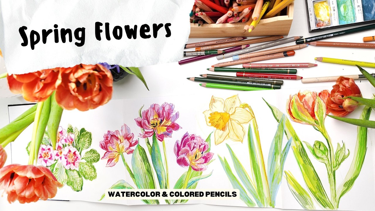 Spring Flowers in a Concertina Sketchbook | Watercolor & Colored Pencils