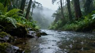 Healing Piano Music and Heavy Rain in river for Rest, Meditation & Sleeping