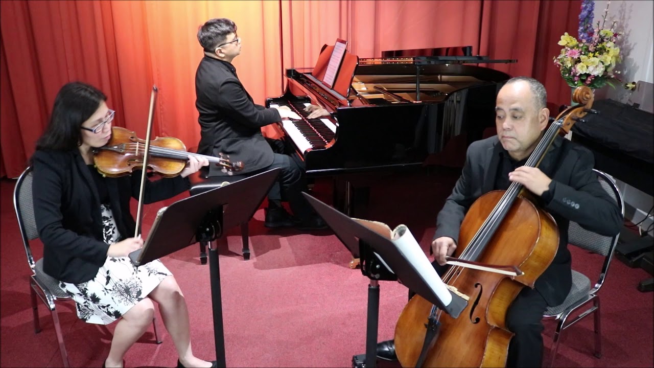 Piano violin and cello trio performing Memories by Maroon 5