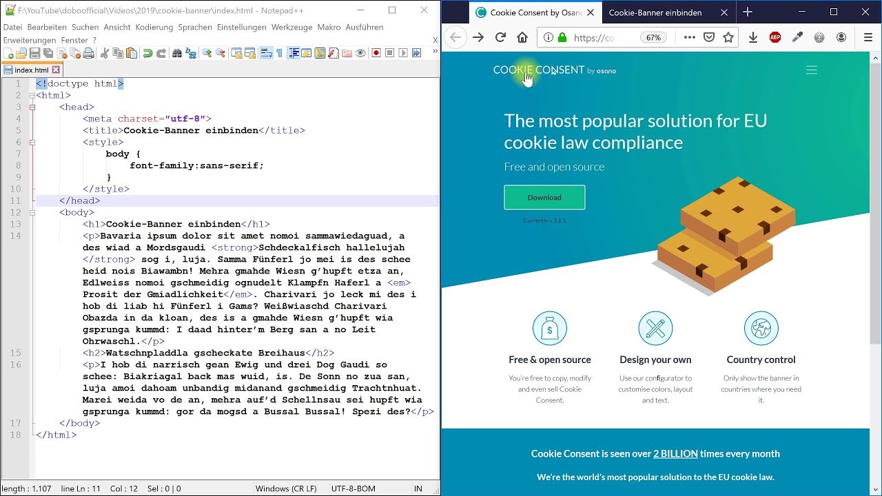 New Cookie-Banner (optional mit Opt-in) einbinden (DSGVO für Websites) – Webdesign-Tutorial