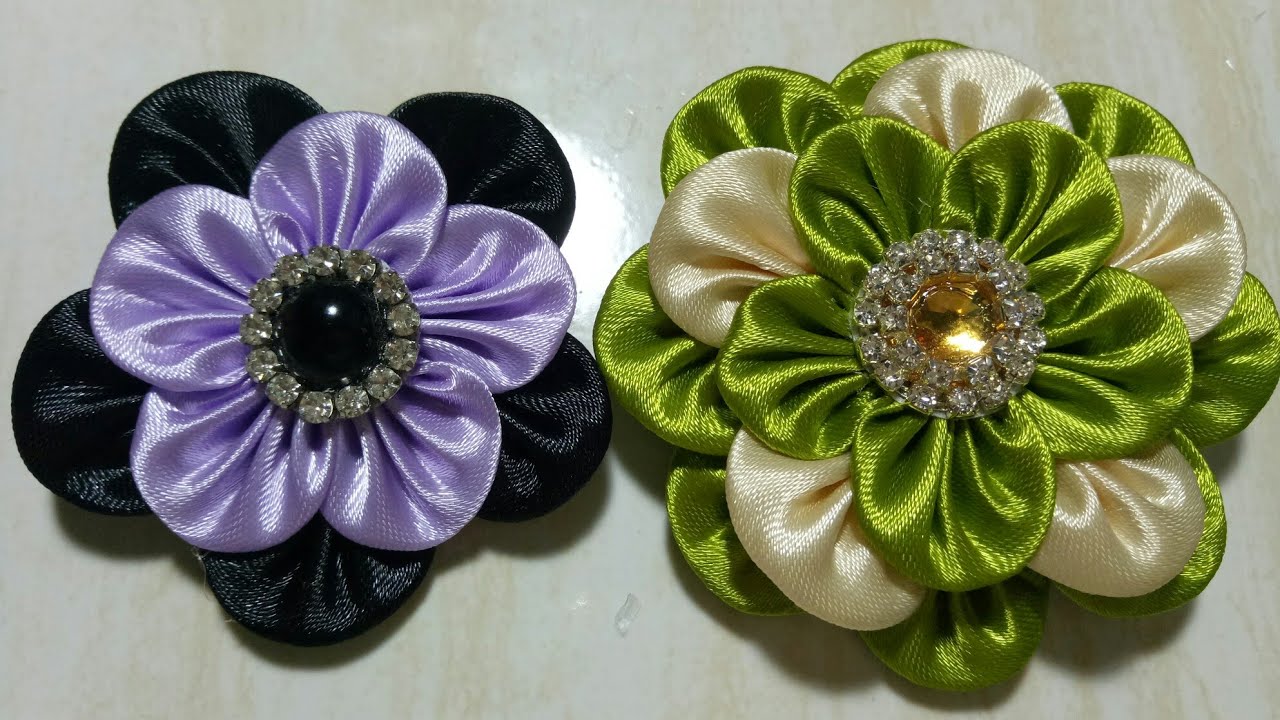 77) DIY - Tutorial || Cara Membuat Bros Bunga Kanzashi || How to Make ...