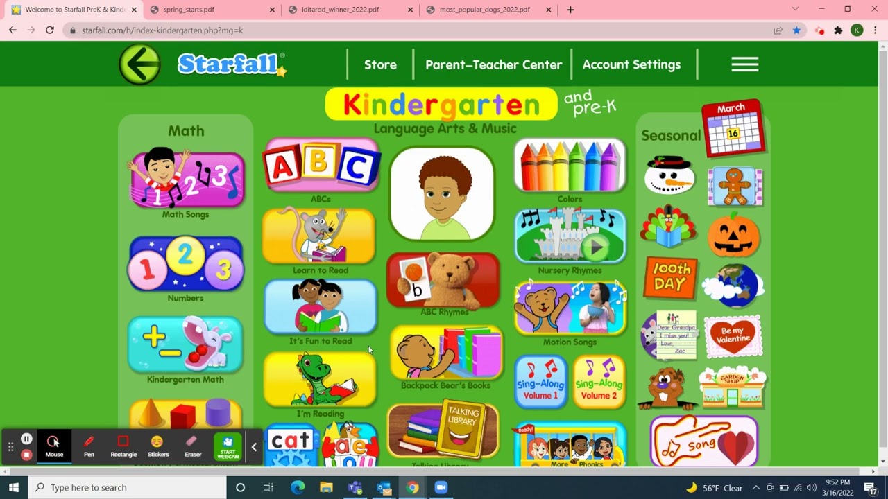 Class Meeting: 3/16/22 Starfall Music/March Calendar/"Kitchen" & News2You "Spring Starts" & more!