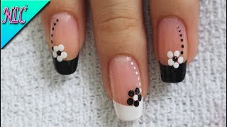 DISEÑO DE UÑAS FLORES BLANCO Y NEGRO ¡Muy Fácil! - FRENCH NAIL ART - NLC