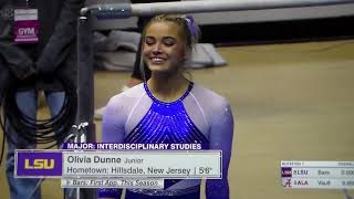 LSU gymnast Olivia Dunne on bars vs. Alabama in her first meet of the season