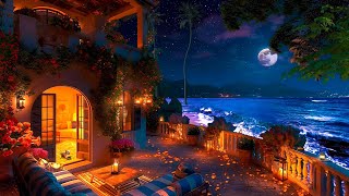 Soothing Jazz Instrumental Music  for Relax, Work, Study, Focus | Cozy Nighttime Beachfront Balcony