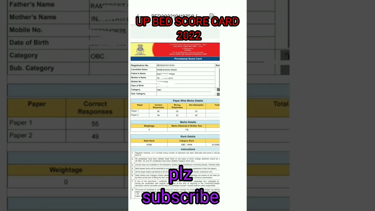 Score card B Ed up my result 2022 up bed exam 