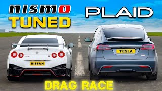 GTR Tuned nismo vs Tesla Plaid drag race 🔥. by @trackforDRAG
