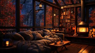 ⛈ Autumn Thunderstorm with Lightning and Crackling Fireplace in a Cozy Cabin with large Windows