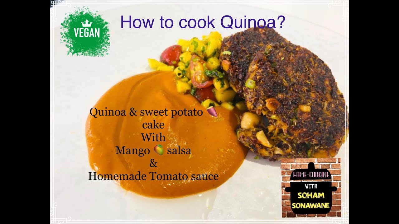 Vegan Recipe/how to make Quinoa & Sweet potato cakes with Mango salsa & Homemade Tomato sauce