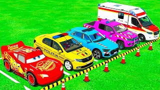 McQueen Cars, Dacia, Volskwagen Police Vehicles, Ambulance Emergency and Fire Truck Transporting!