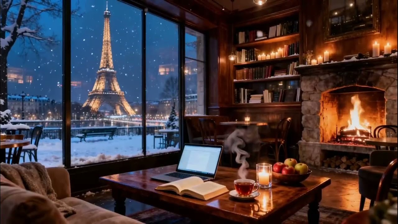 Jazz Music for Studying ☕ Paris Café Night with Eiffel Tower Blizzard