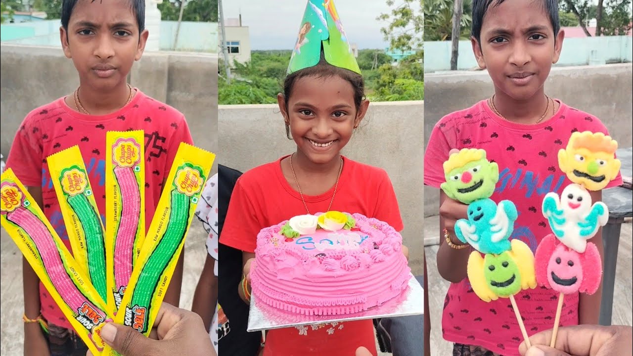 Happy birthday cake 🎂 gems candy biggest lollipop Pringles chips milkybar chocolate 