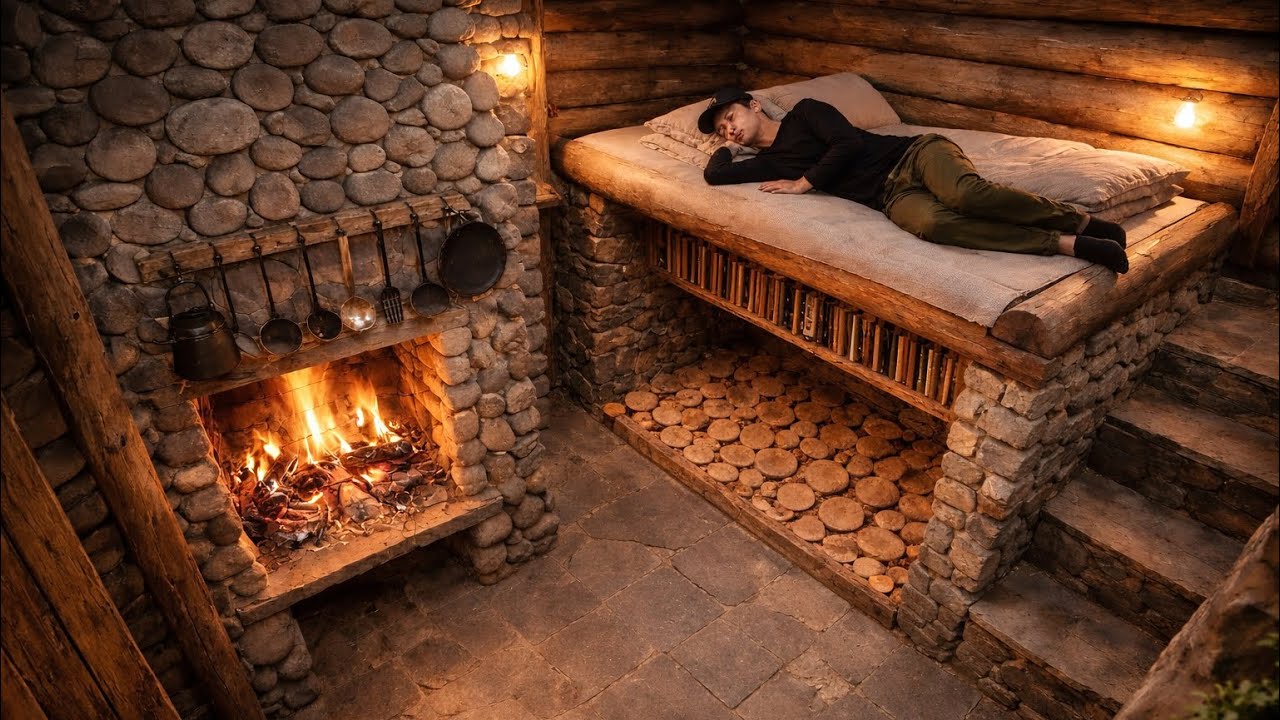Build a Cozy Hidden Dugout Shelter Alone in the Forest | Secret Warm ...