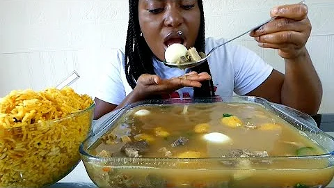 Asmr mukbang spicy assorted meat pepper soup with some eggs,some baby potatoes and rice