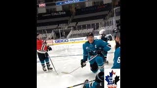 NHL all star skills day - Brent Burns and Joe Pavelski with sons on ice - January 25, 2019