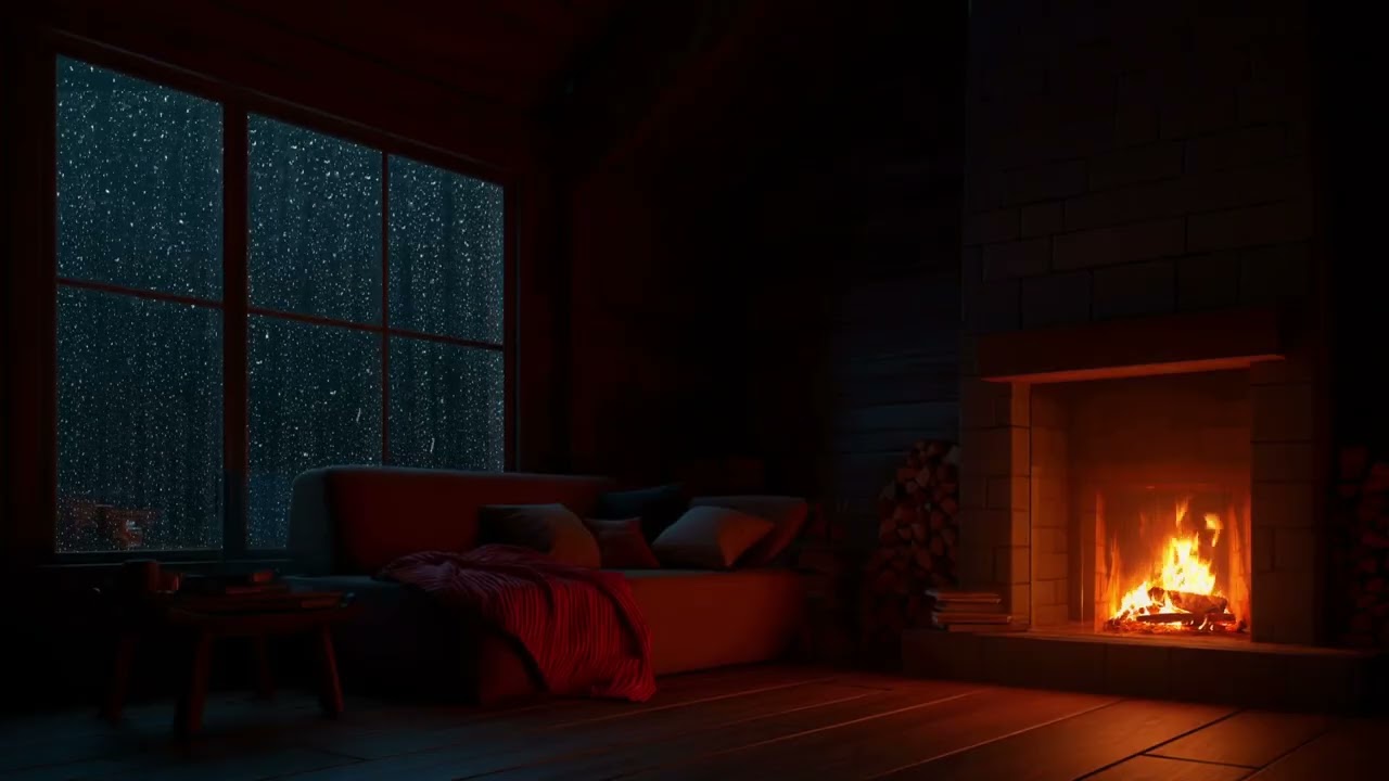 🔥 Warm Fireplace with Night Rain 🌙 Peaceful Sleep Sounds