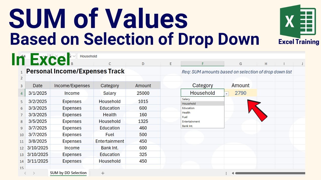 How to SUM Values Based on Selection of Drop Down List in Excel - YouTube
