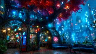 Ambient Cyberpunk - Neon Red Maple Rooftop Lounge | Relaxing Ambience for Focus and Sleep | 4k