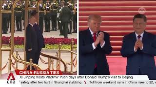Side-by-side comparison of Putin's visit to China versus Trump's visit