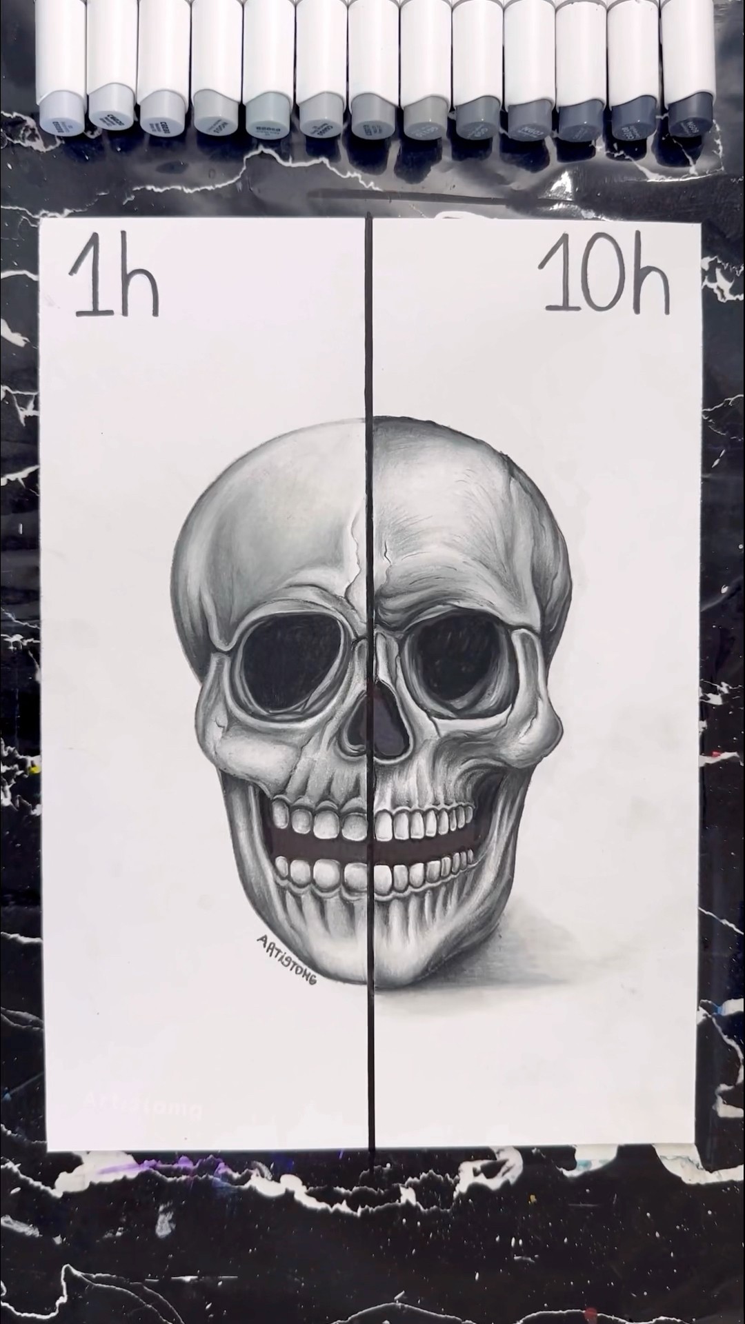 Drawing a Skull in 1h vs 10 hours with Realism! ?✨⏰ || What’s your Fav Side?! ? #shortsart