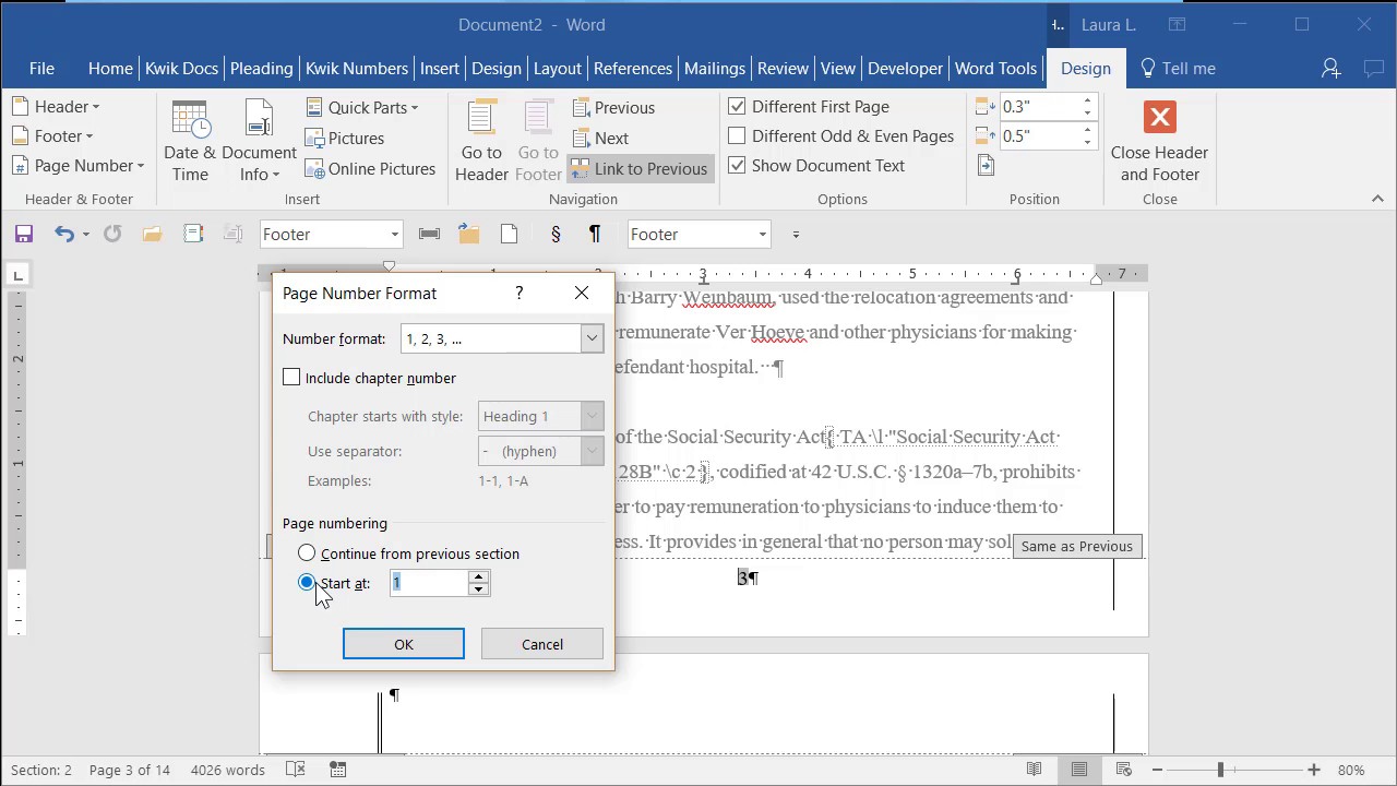 how to separate page numbering in word 2016