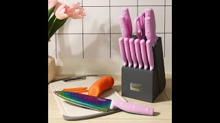 hecef 14 Pieces Knife Set with Block, Dishwasher Safe Rainbow Titanium Kitchen Knives Set #fyp