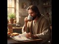 Good Morning, Jesus Christ drinking 8 oz of coffee in the morning from Gemini AI drawing beautiful