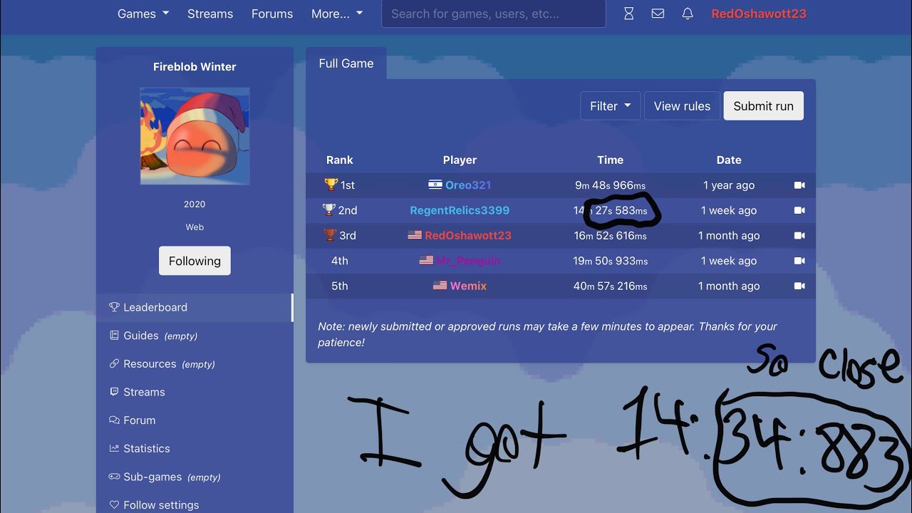 My second attempt at speedrunning  Fireblob Winter was so close to getting me back in 2nd :(