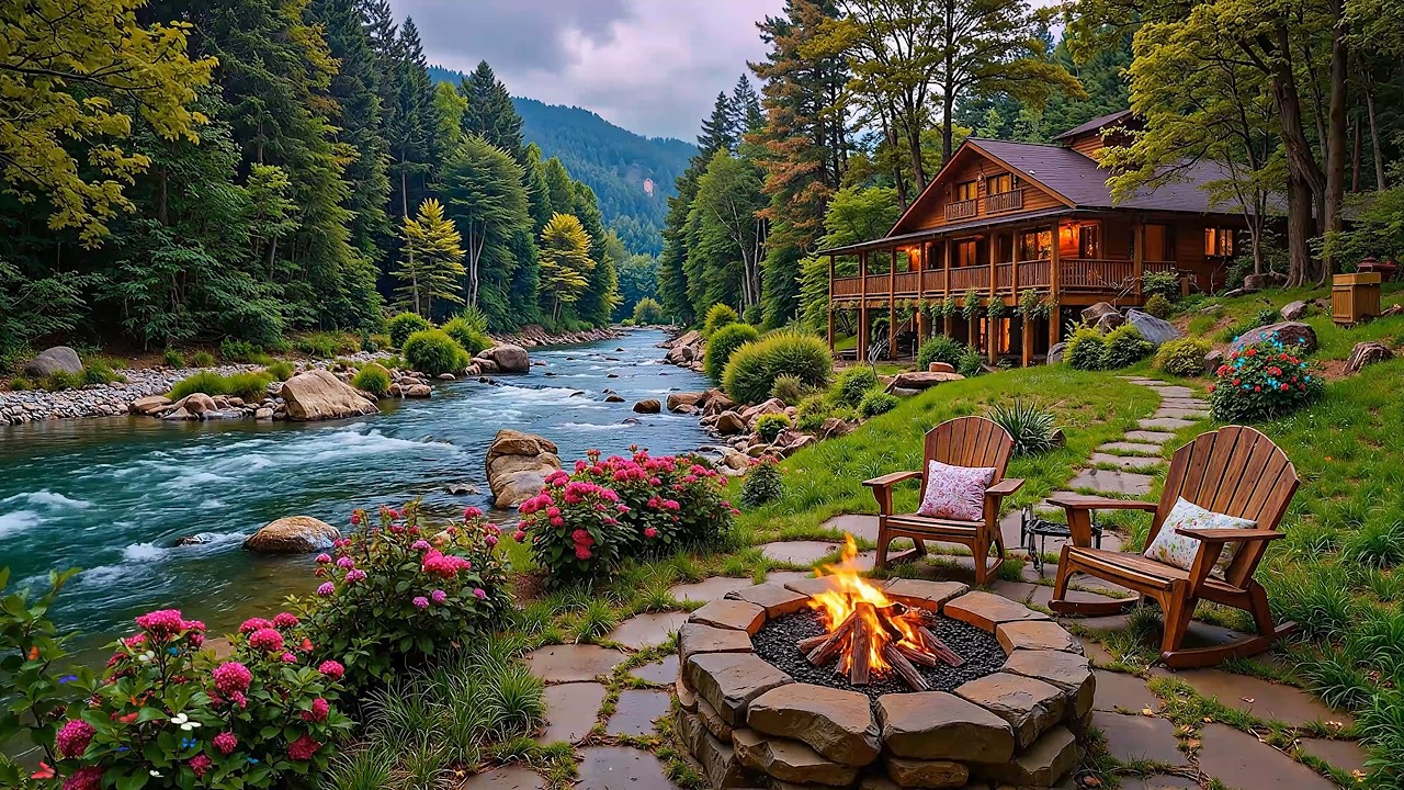 Soothing Spring Riverside Ambience with Forest Nature 🌺🌿Piano Music with Campfire Sounds