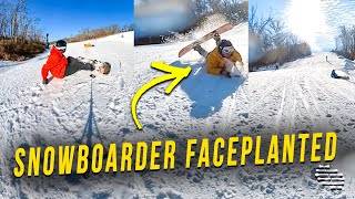 Snowboarder Fell in the Snow and Faceplanted While Passing by His Friend as He Films