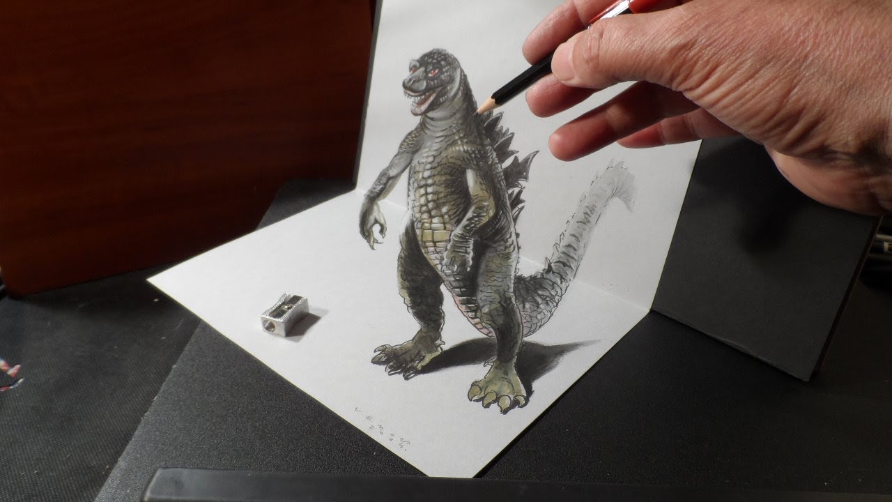 Drawing 3D GODZILLA - How to Draw 3D MONSTER - Trick Art on Paper