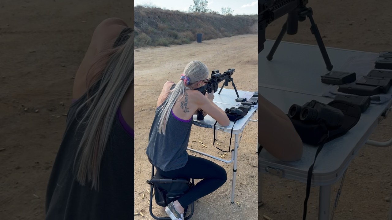 Her first time shooting a rifle and using the Sling Steady