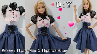 DIY High collar top & High waistline skirt for Barbie | nynnie me