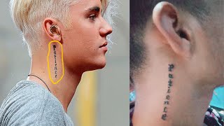 Patience tattoo behind Justin Biebers right ear