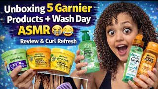 Unboxing 5 Garnier Products + Wash Day ASMR 😭😂 | Review & Curl Refresh