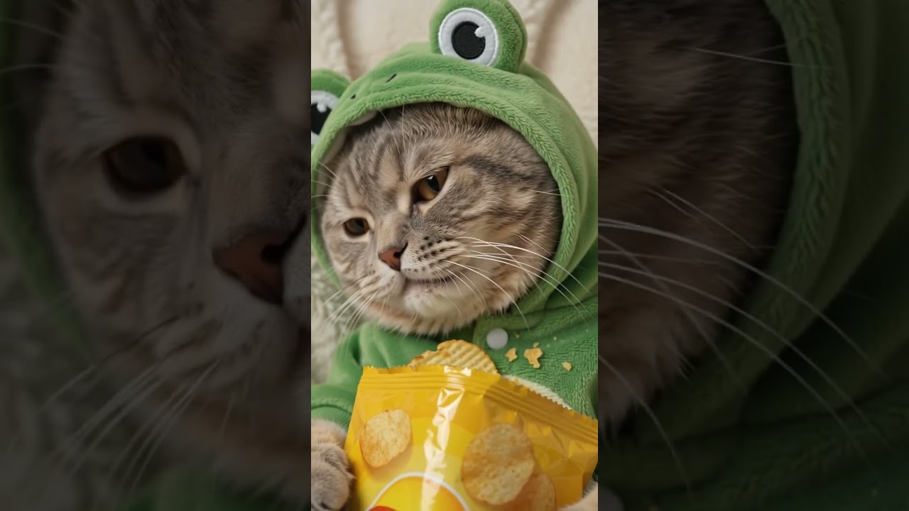 【ASMR】ポテチをパリパリ食べるカエル猫ちゃん、満腹でベロ出し爆睡ｗｗｗ #Shorts #猫 #AI動画
